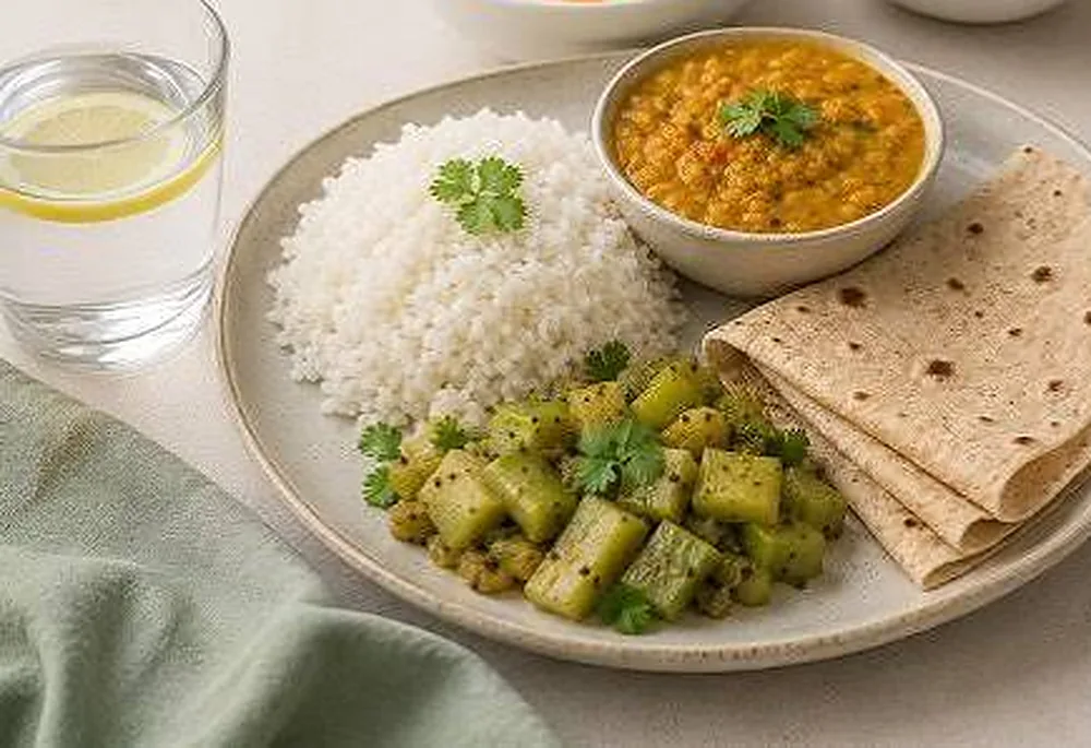 A plate of rice, dal, roti and a soft sabzi, with a glass of lemon water