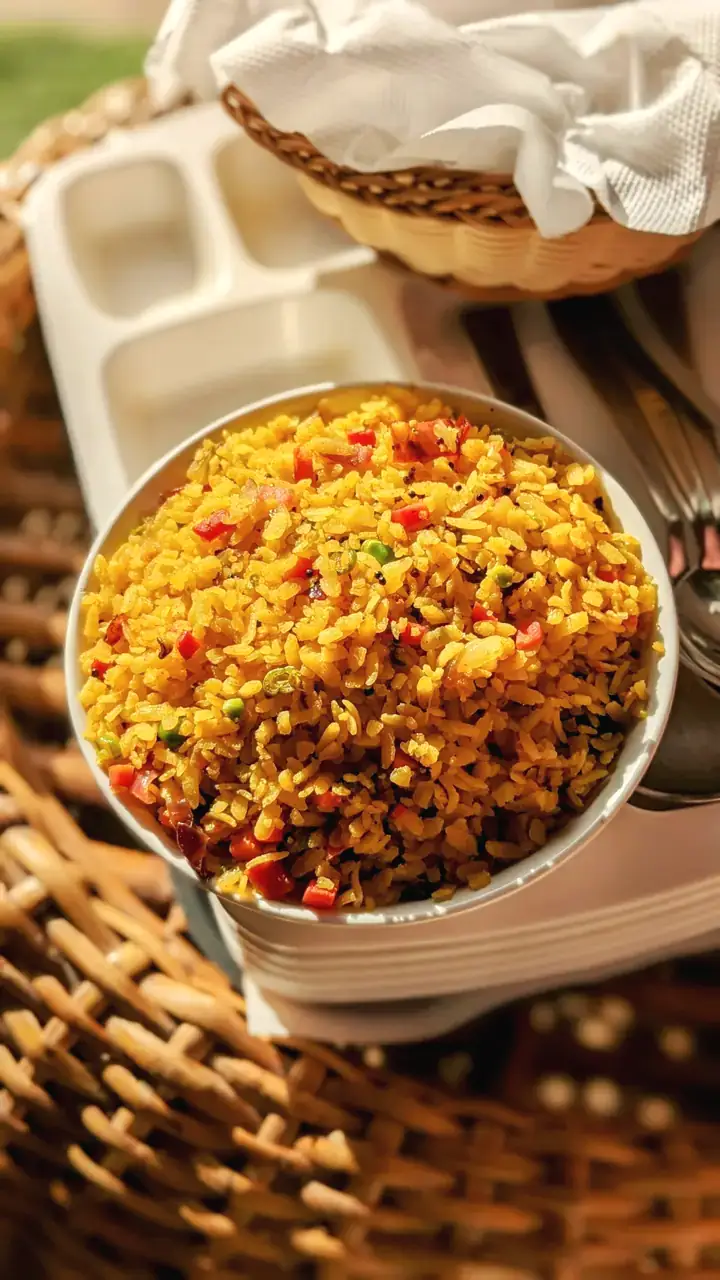 A bowl of vegetable poha on a tray beside a cloth-lined basket